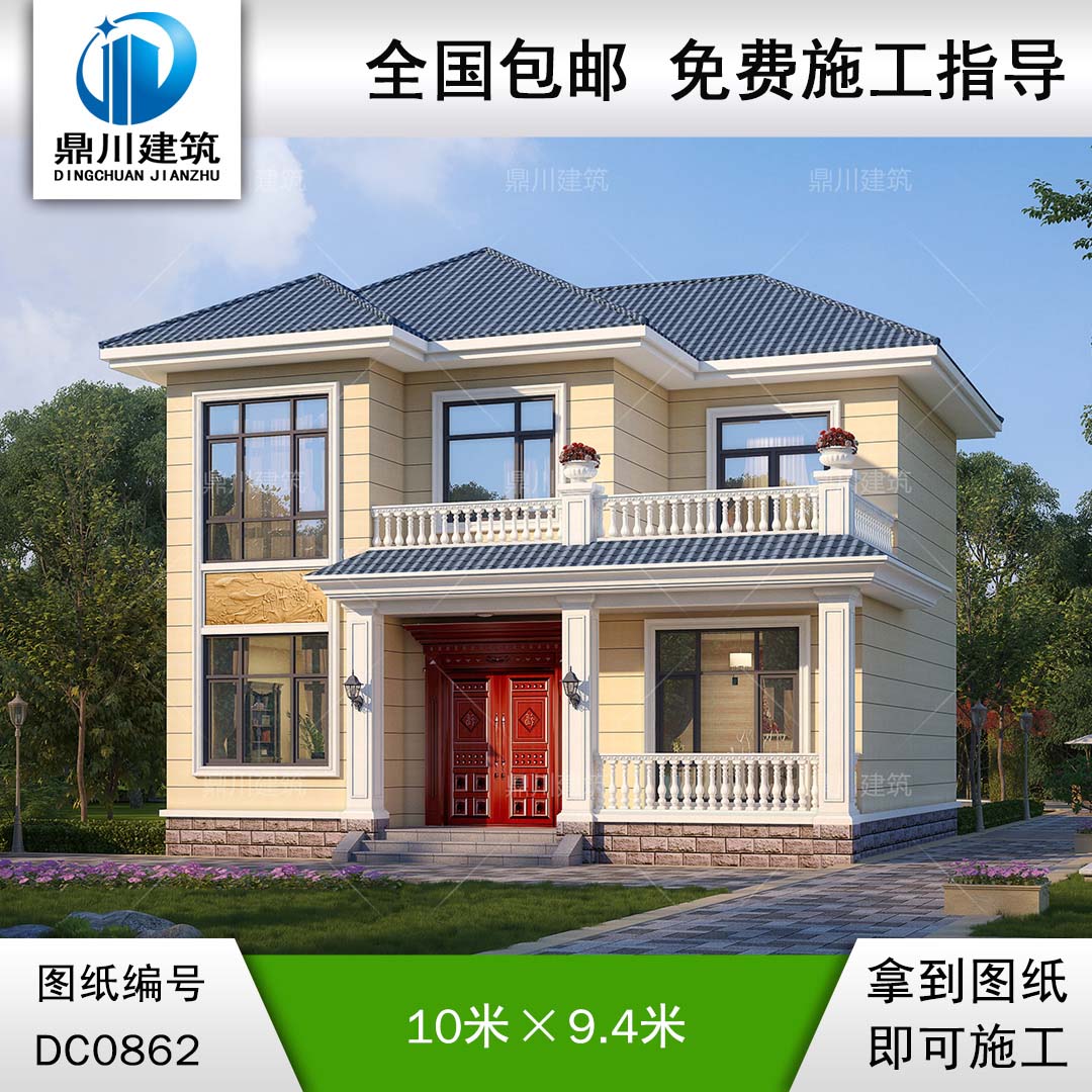 二層帶露臺小別墅設(shè)計施工圖及效果圖_農(nóng)村自建房屋圖紙,鼎川建筑